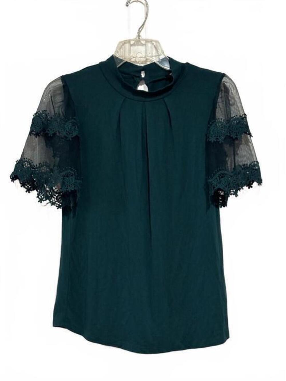 Willow Young Contemporary Green Blouse with Lace Mesh Sleeves Size L